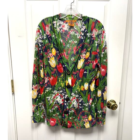 Tory Burch Linen Blend V Neck Cardigan Tulips Long Big Buttons Women’s Size XL - Picture 1 of 6